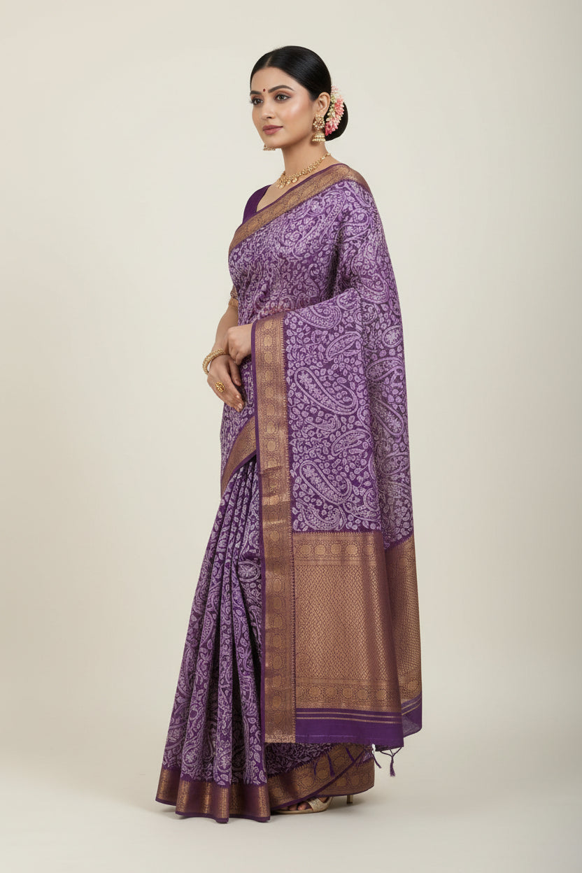 Purple fabric with intricate paisley pattern on a white background