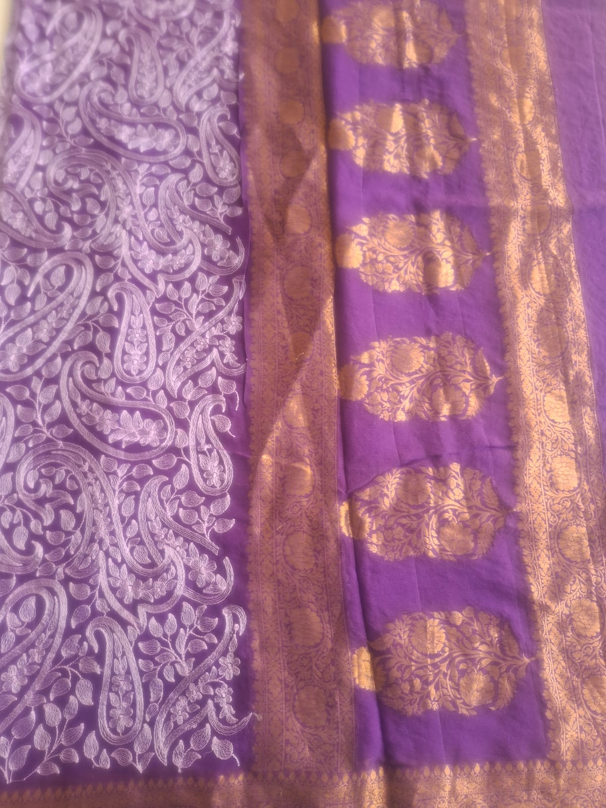 purple pure kaddi chiffon chikankari  saree