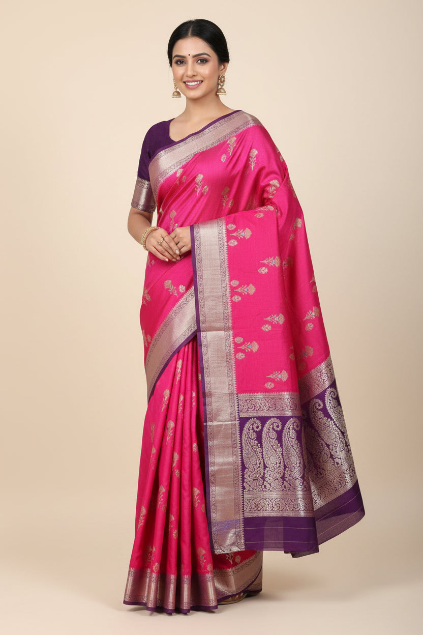 Pink and purple saree with floral patterns on a textured surface