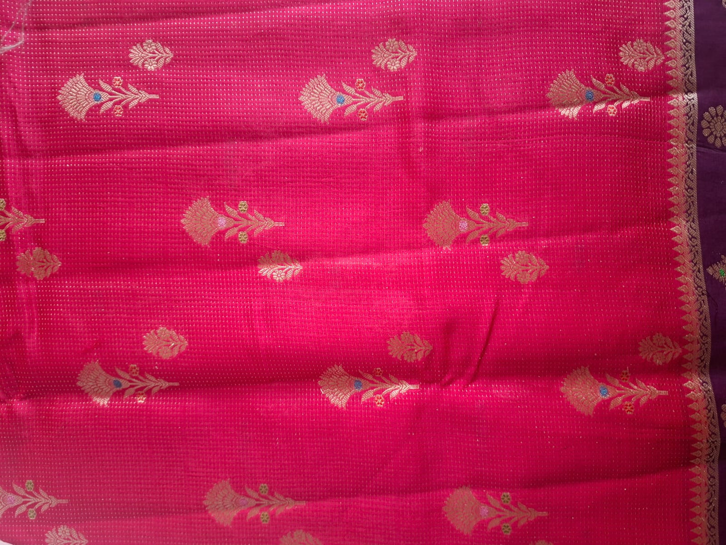 rani pink raw mango with contrast border with meenkari work saree