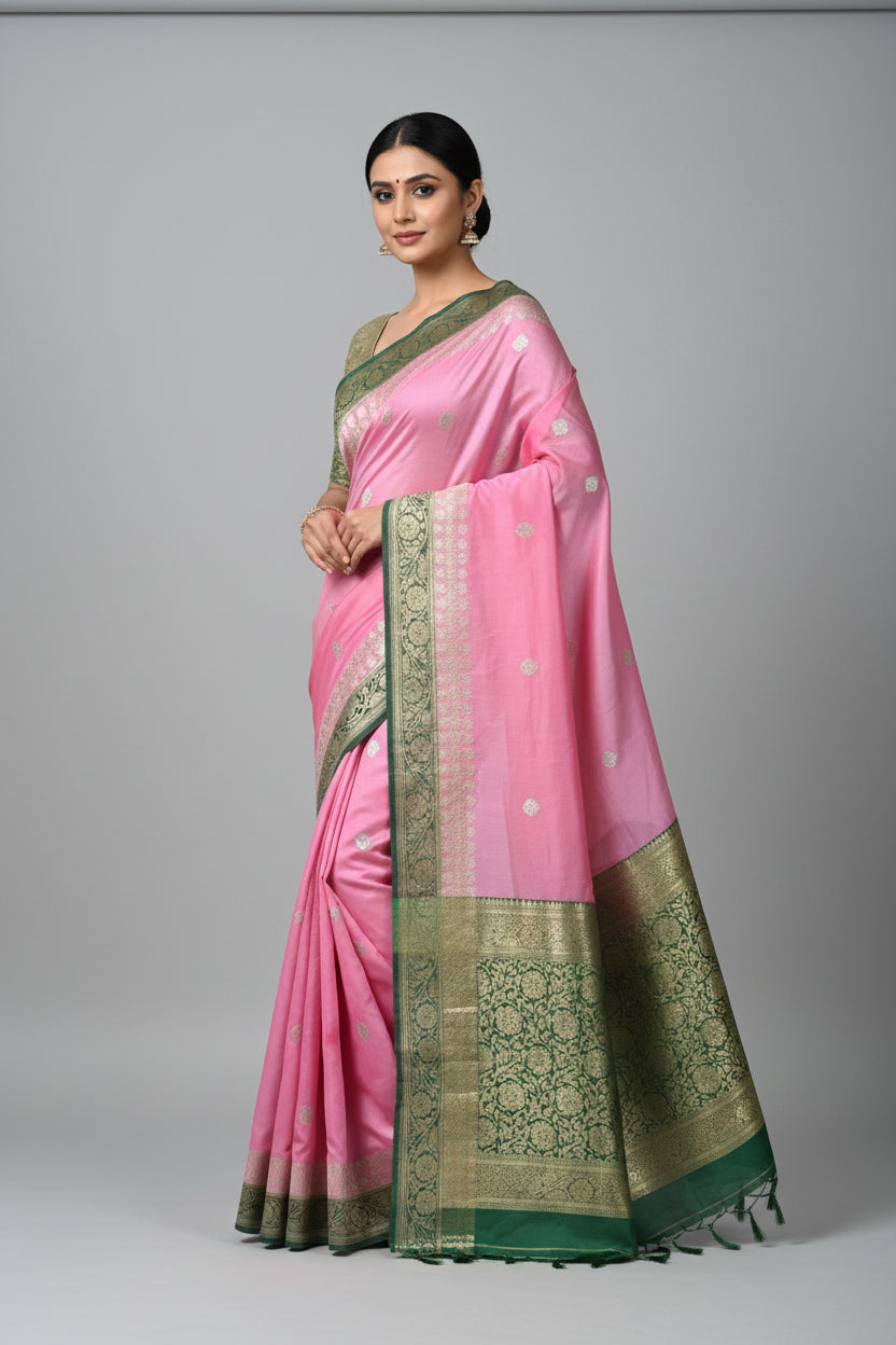 pink Benaras  with green border pure chiffon saree