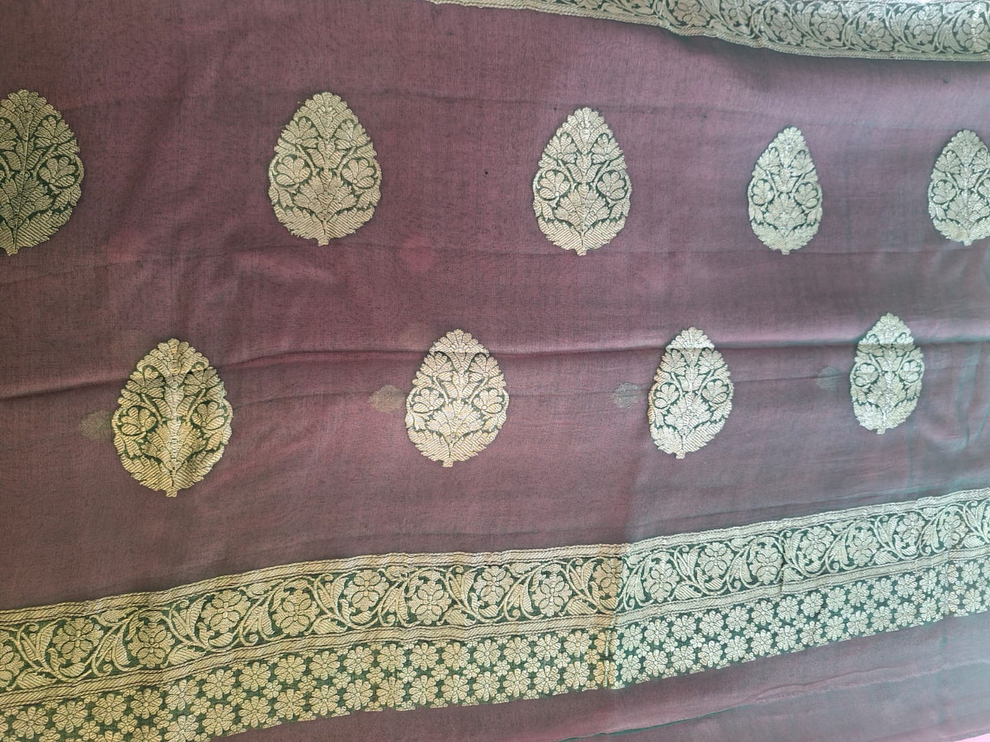 pink Benaras  with green border pure chiffon saree