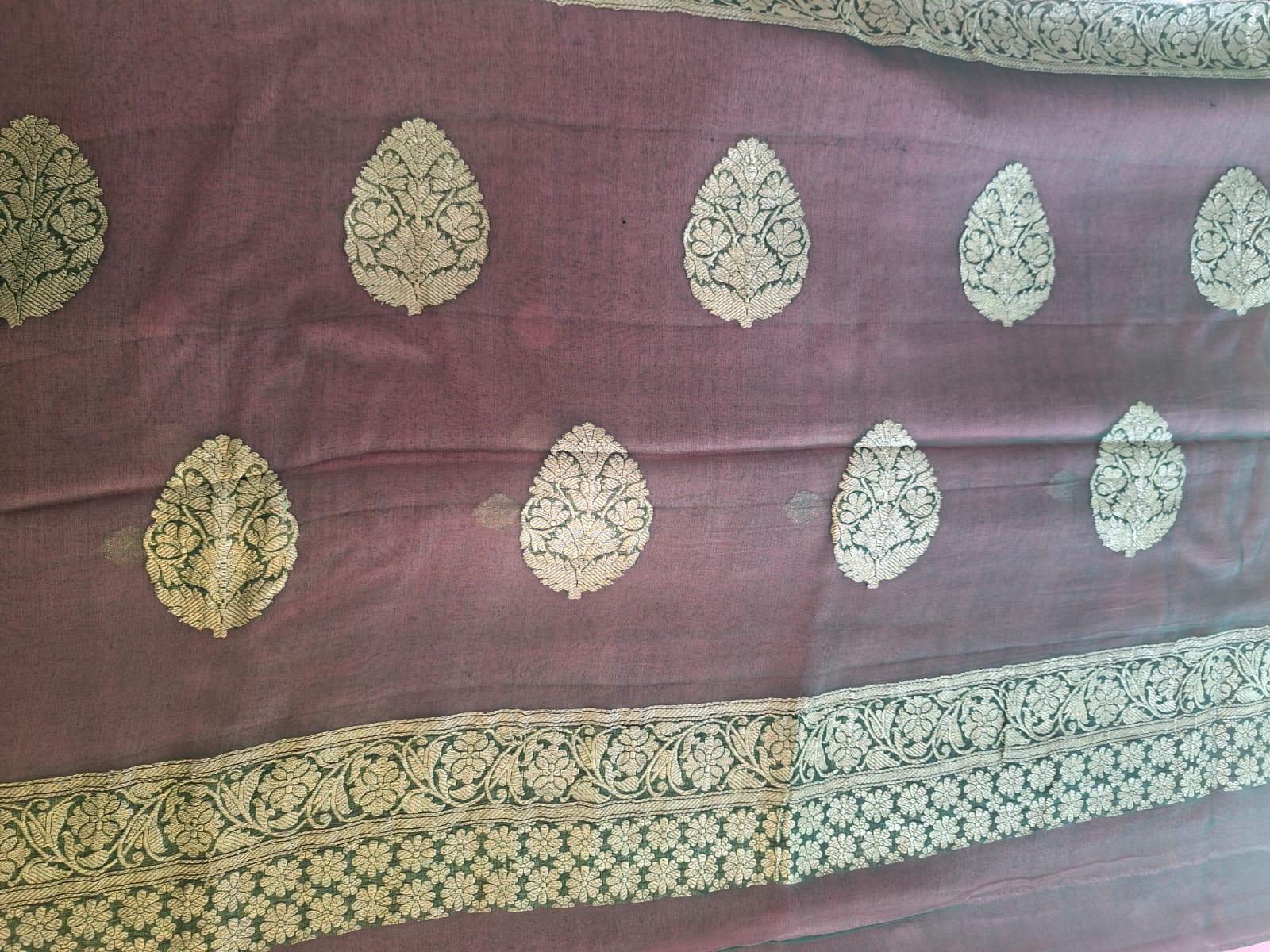 pink Benaras  with green border pure chiffon saree