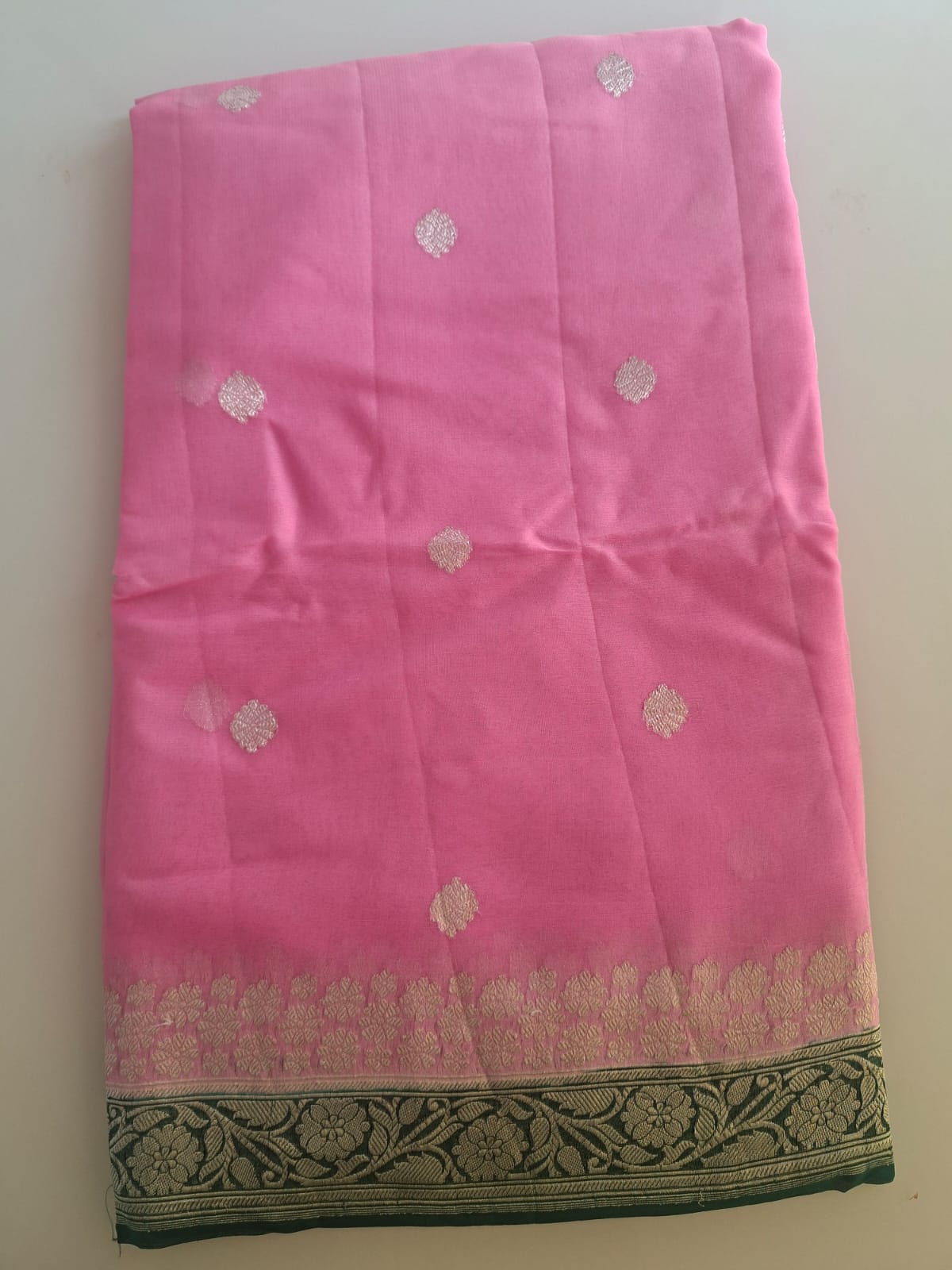 pink Benaras  with green border pure chiffon saree