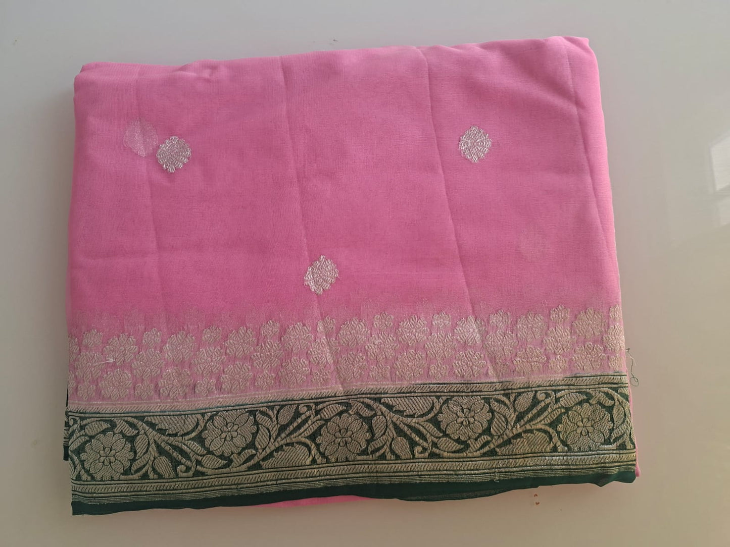 pink Benaras  with green border pure chiffon saree