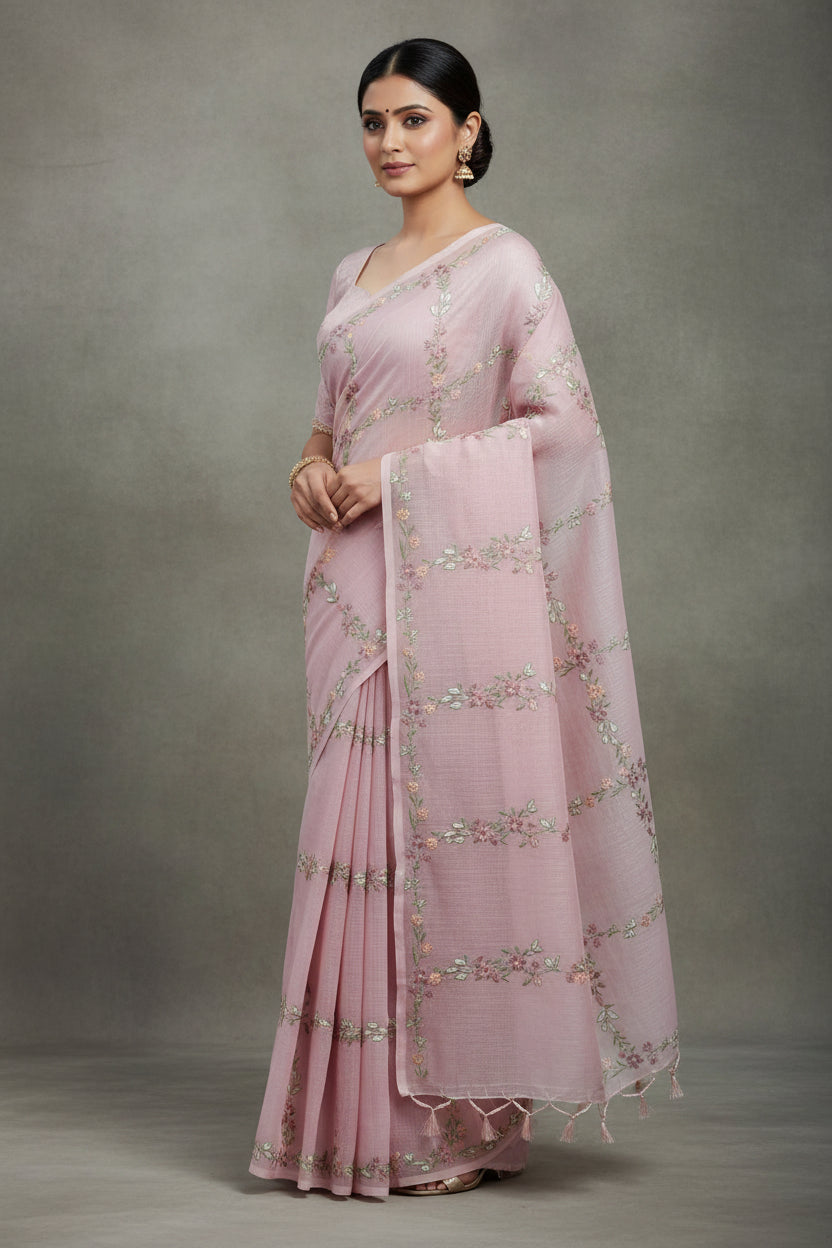 Pink fabric with floral embroidery on a green surface