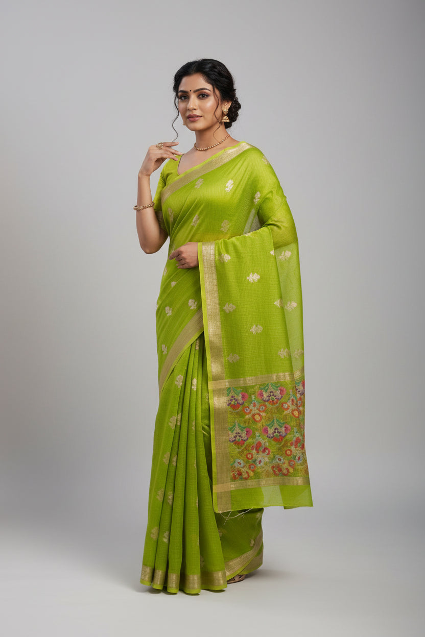Parrot green Banarasi pure kota silk saree