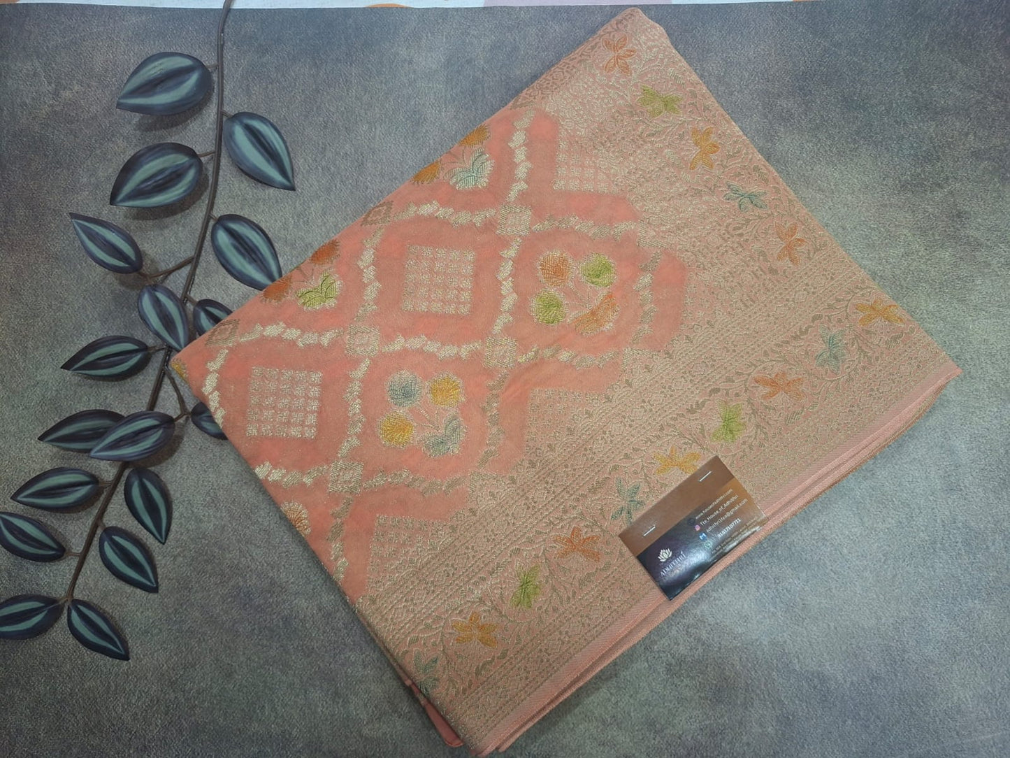 peach georgette meenkari saree