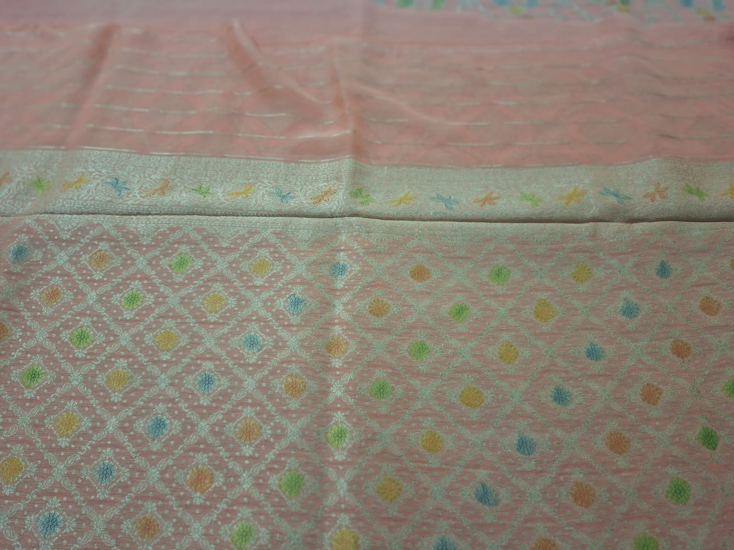 peach georgette meenkari saree