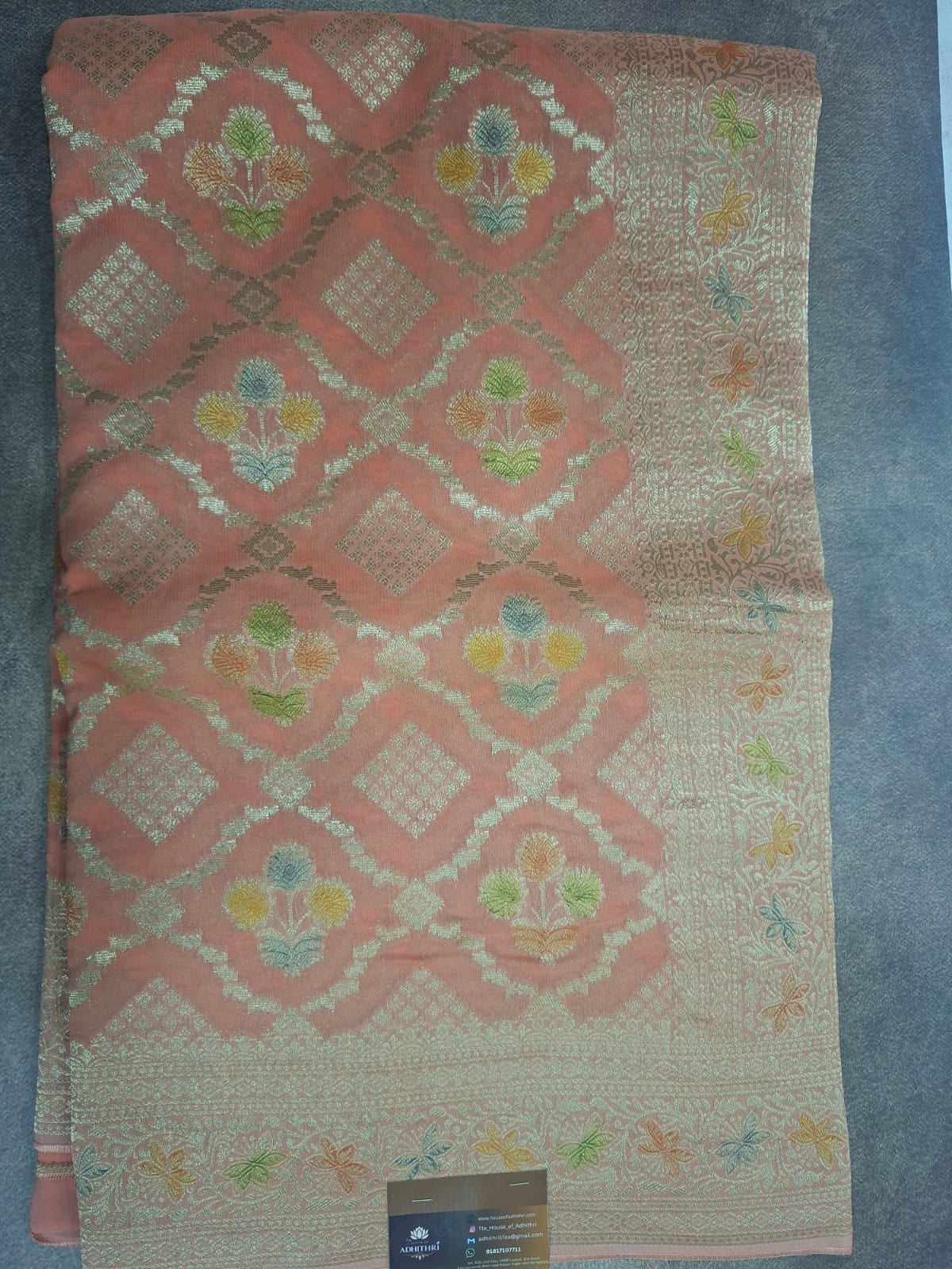 peach georgette meenkari saree
