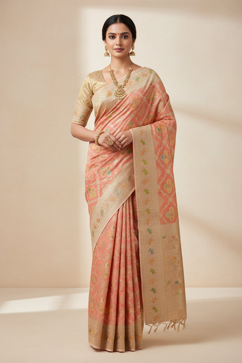 peach georgette meenkari saree