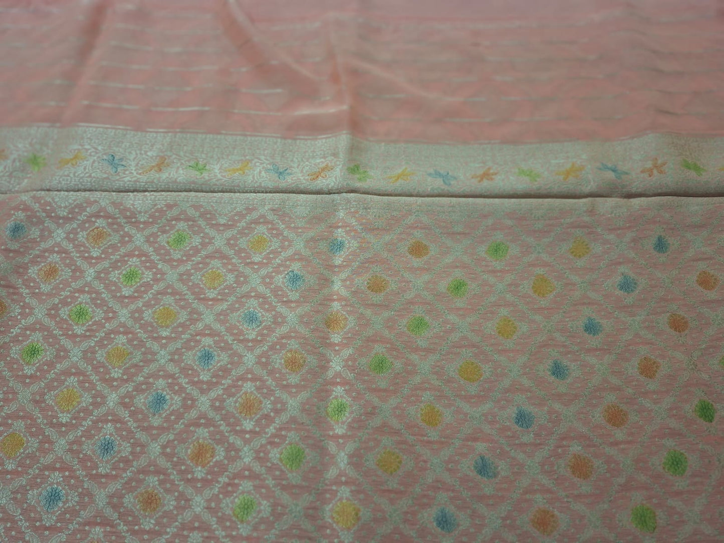 peach georgette meenkari saree
