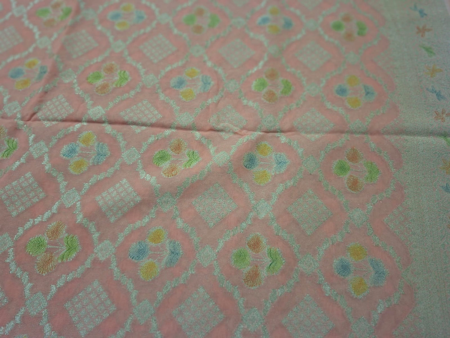 peach georgette meenkari saree