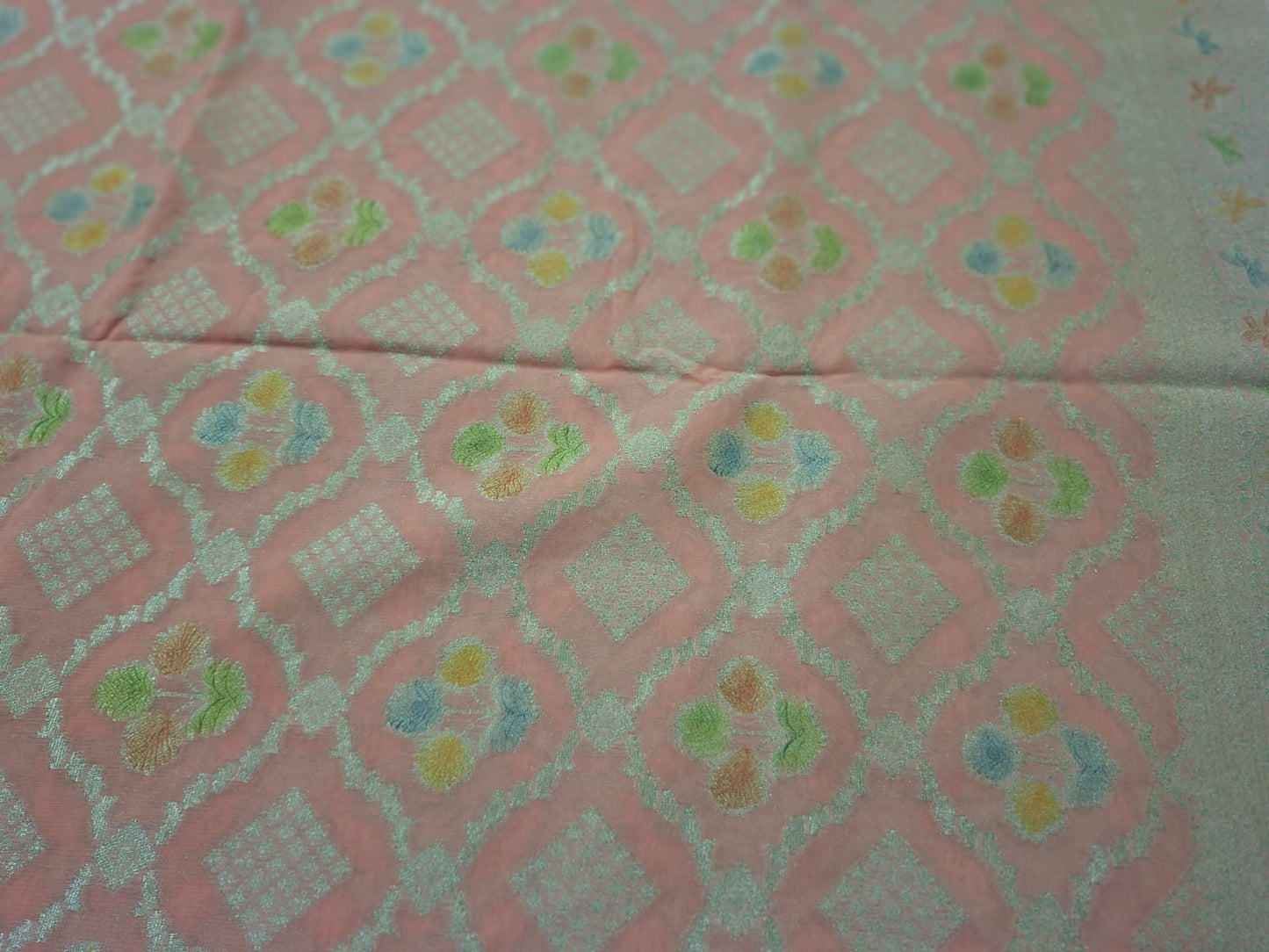 peach georgette meenkari saree