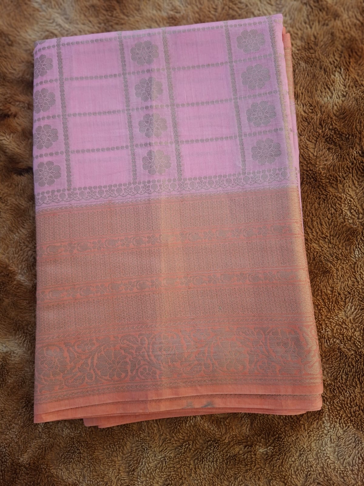 Baby pink pure chininya raw mango silk saree