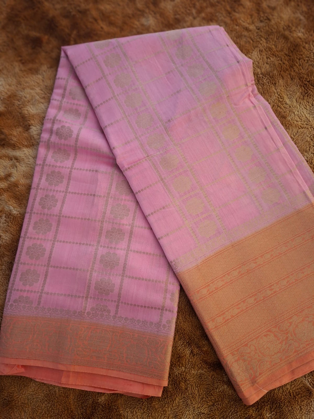 Baby pink pure chininya raw mango silk saree