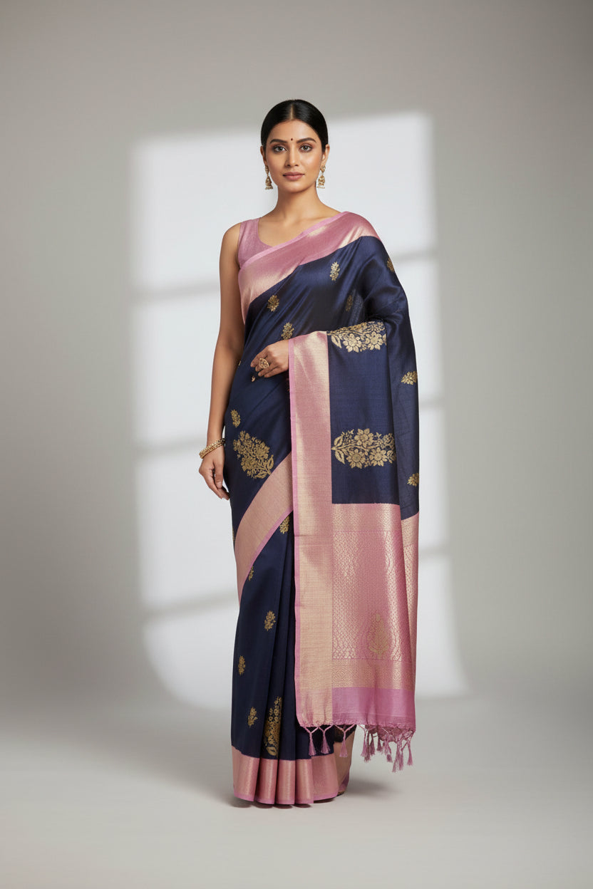 Two fabric swatches, one purple and one black, with gold floral patterns on a beige surface.