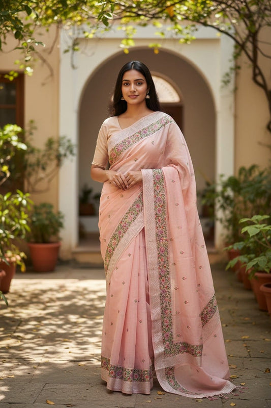 pink  semi  cotton kadwa  embroidery saree