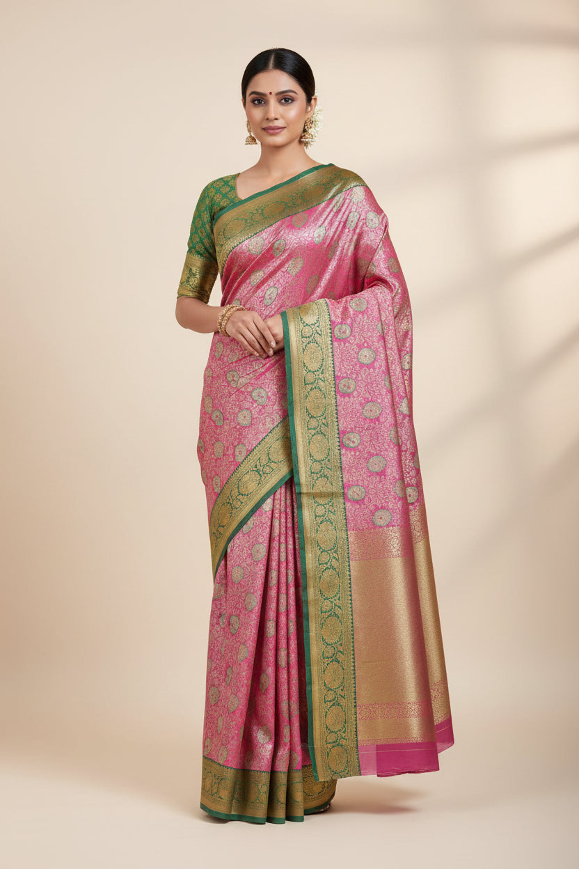 Pink saree with green border on a gray surface