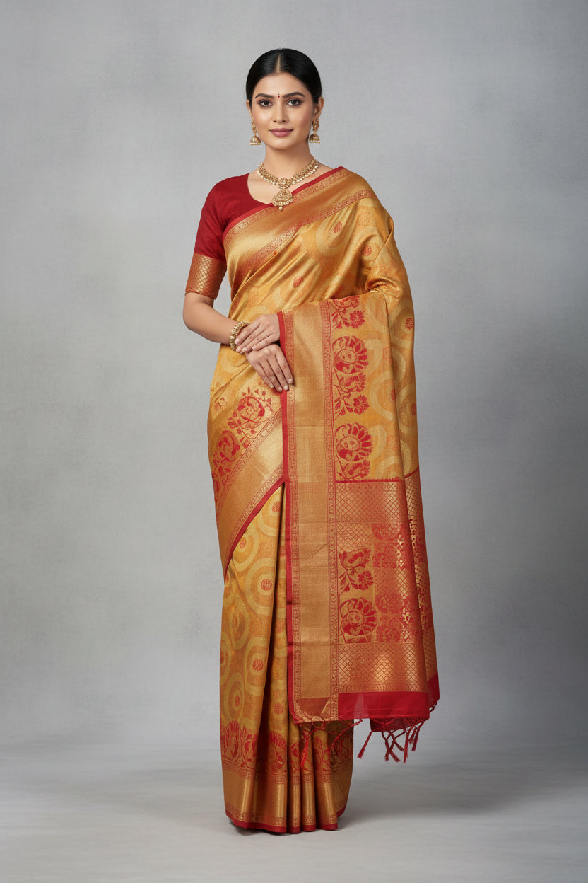 Saree with red and gold pattern on a gray surface