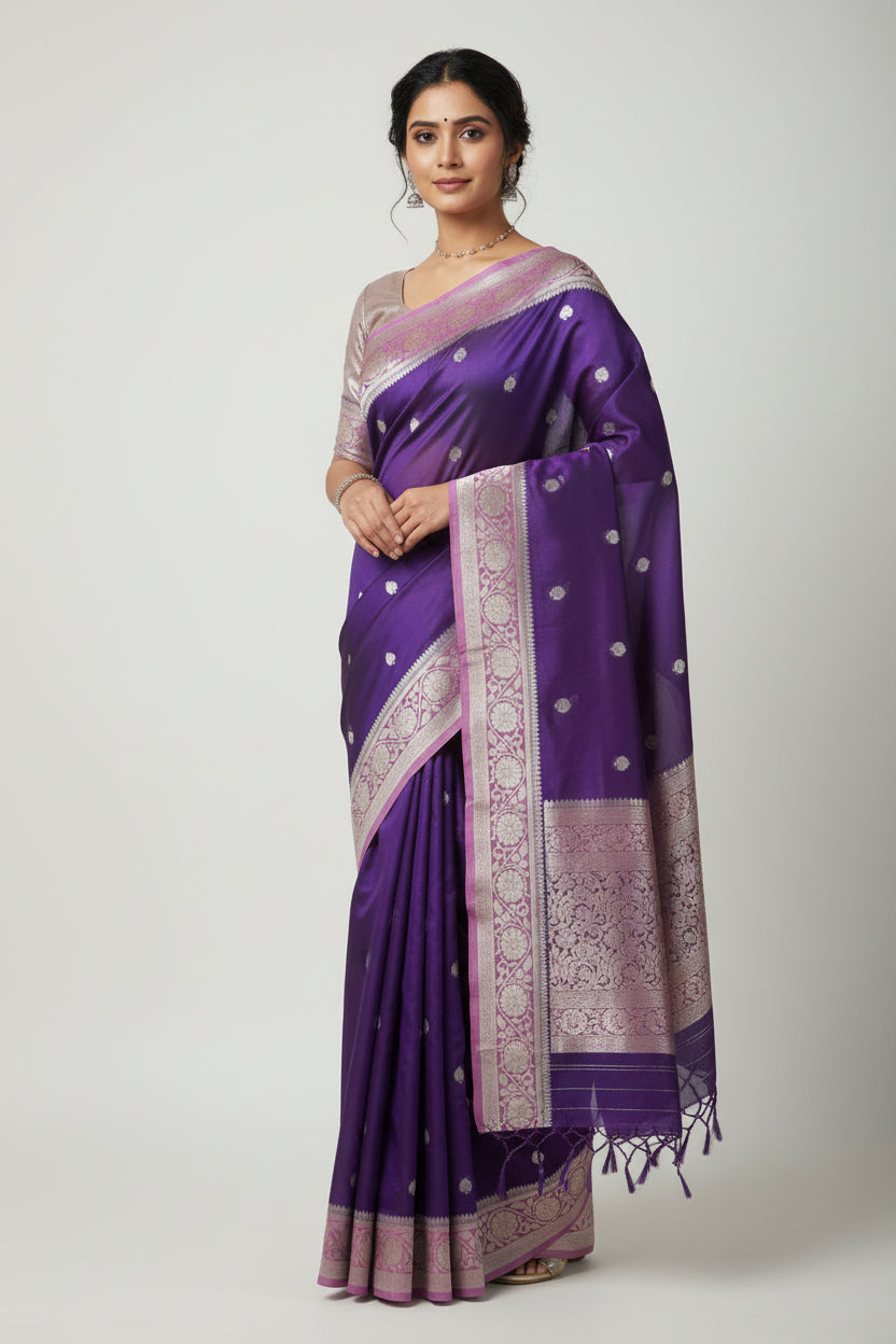 Purple fabric with silver floral patterns on a white background