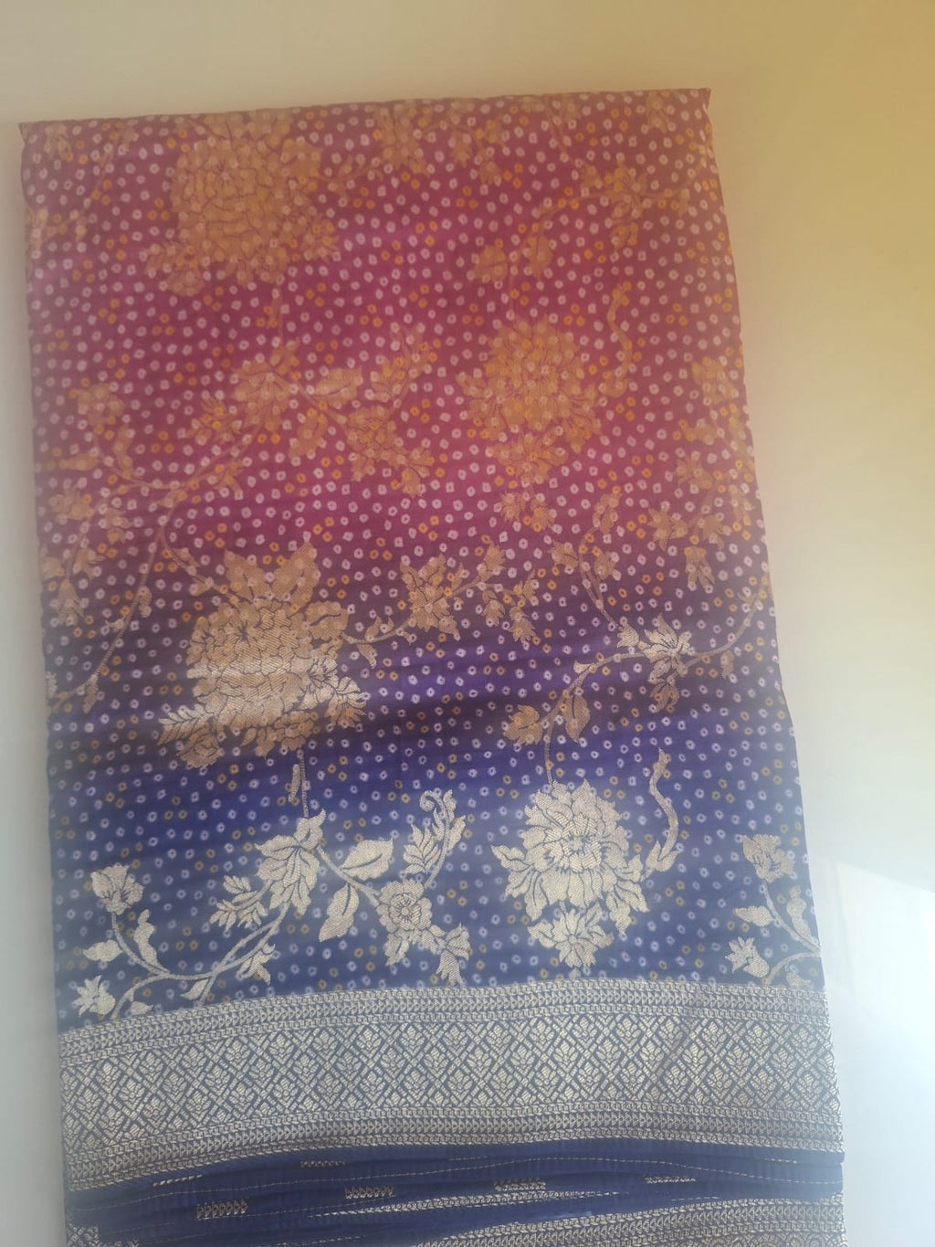 purple and rani pink crape silk bandhani saree