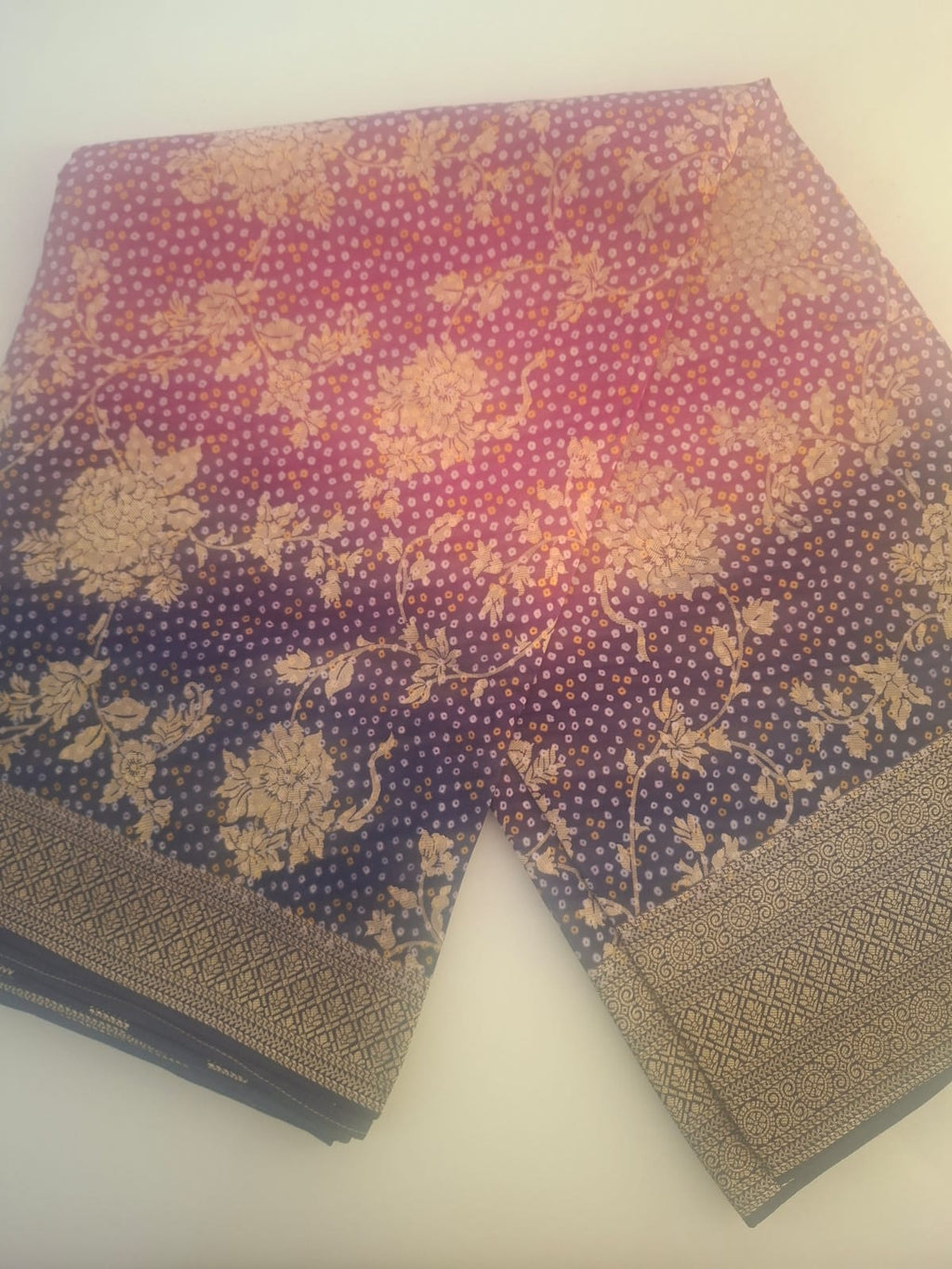 purple and rani pink crape silk bandhani saree