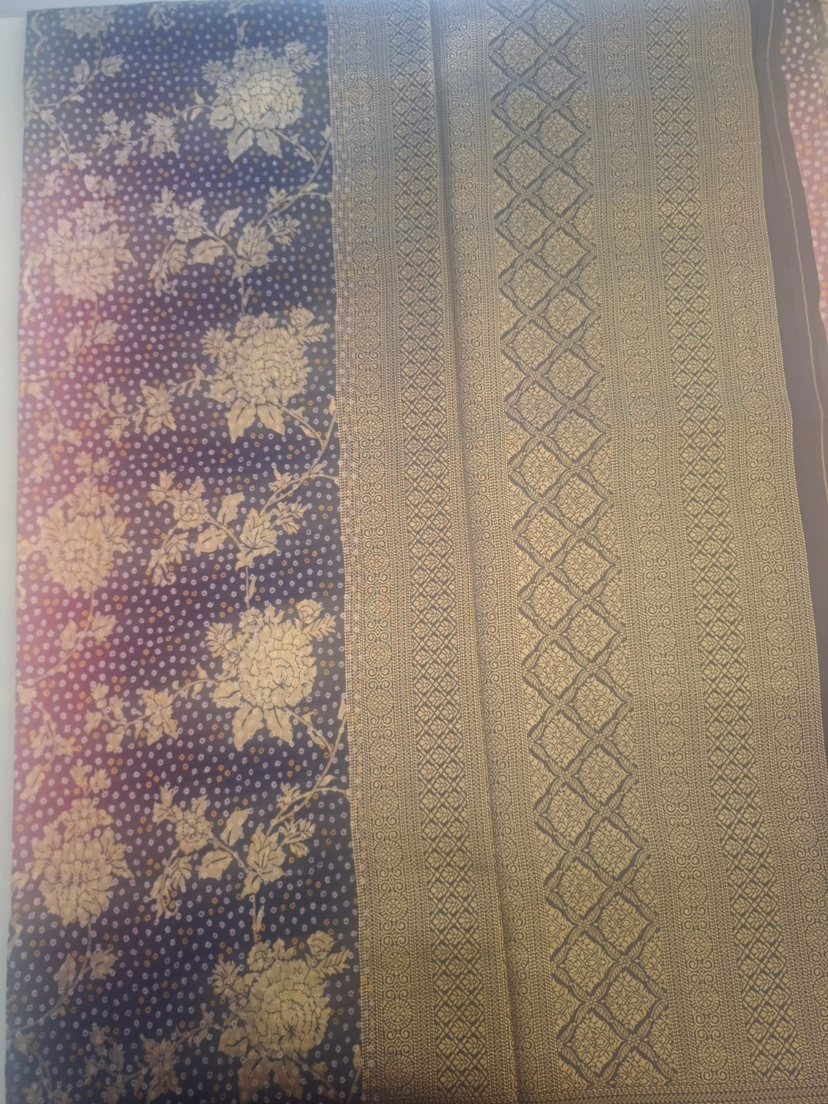 purple and rani pink crape silk bandhani saree