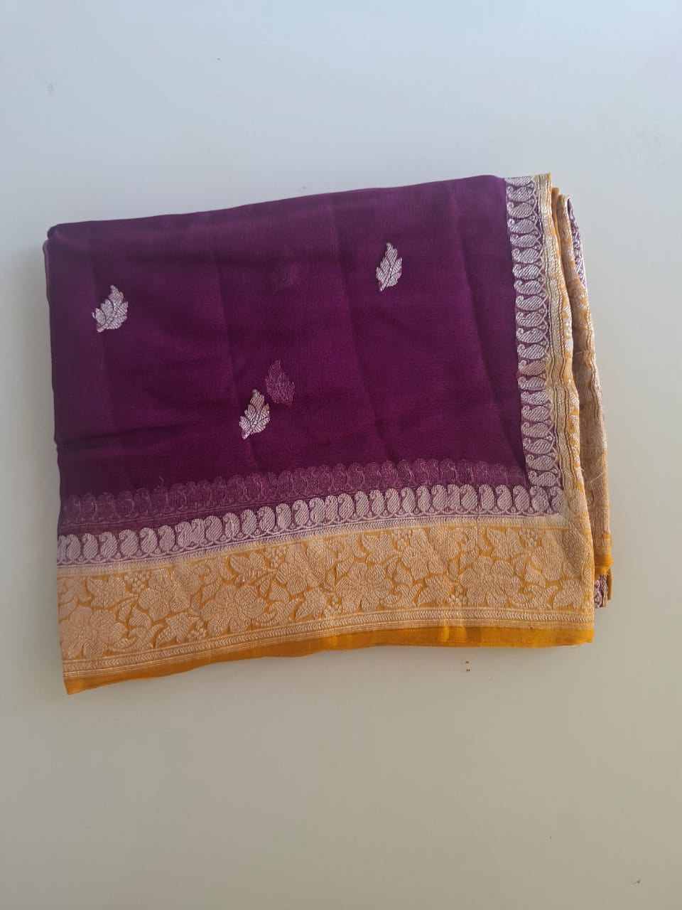 purple Benaras  with yellow border pure chiffon saree