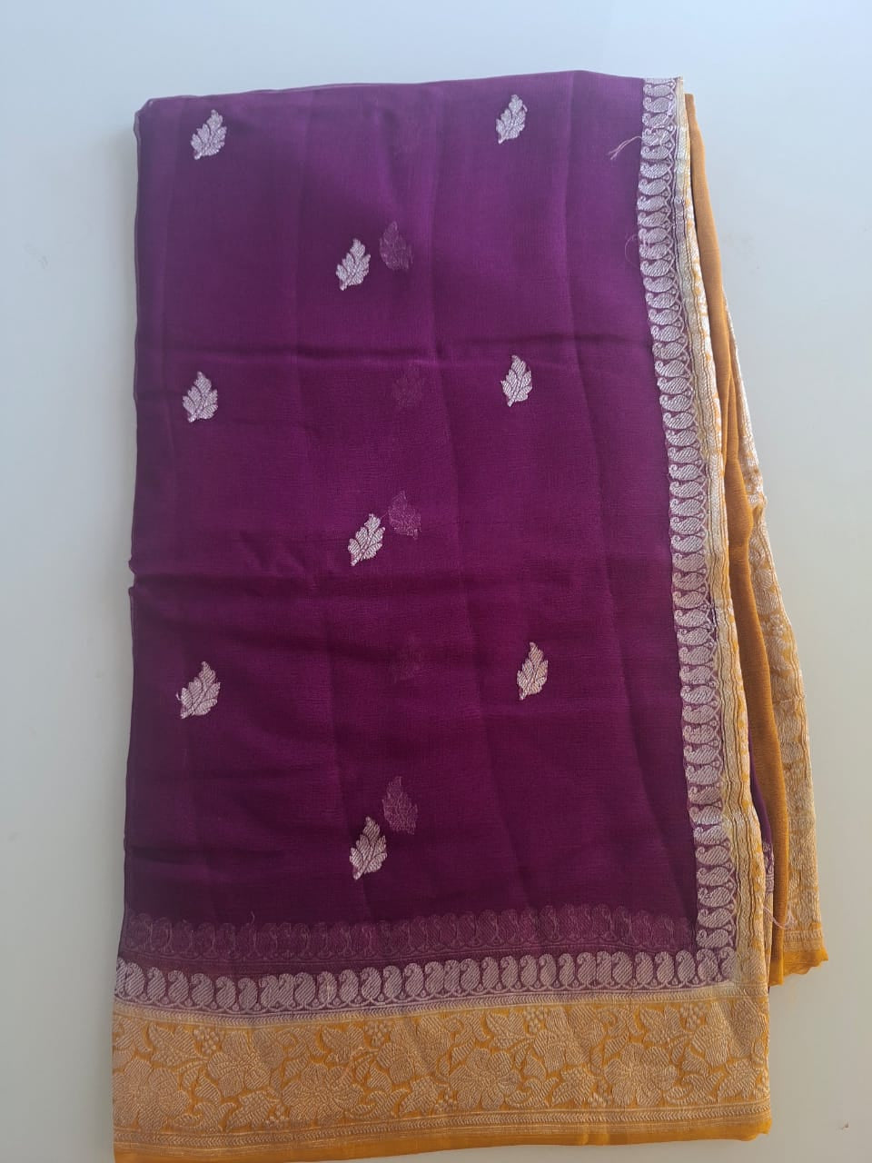 purple Benaras  with yellow border pure chiffon saree