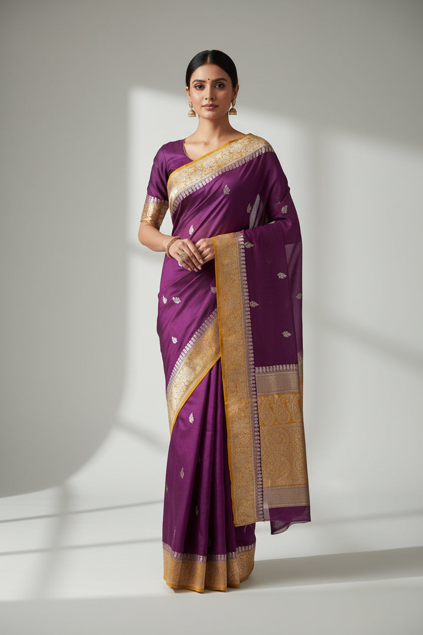 Purple fabric with gold border and leaf patterns on a white background