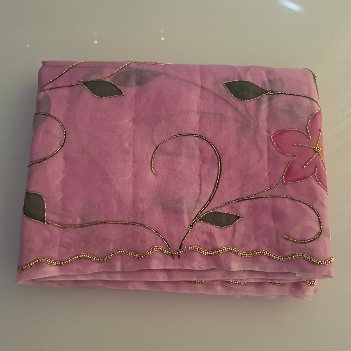 pink pure kora hand work saree