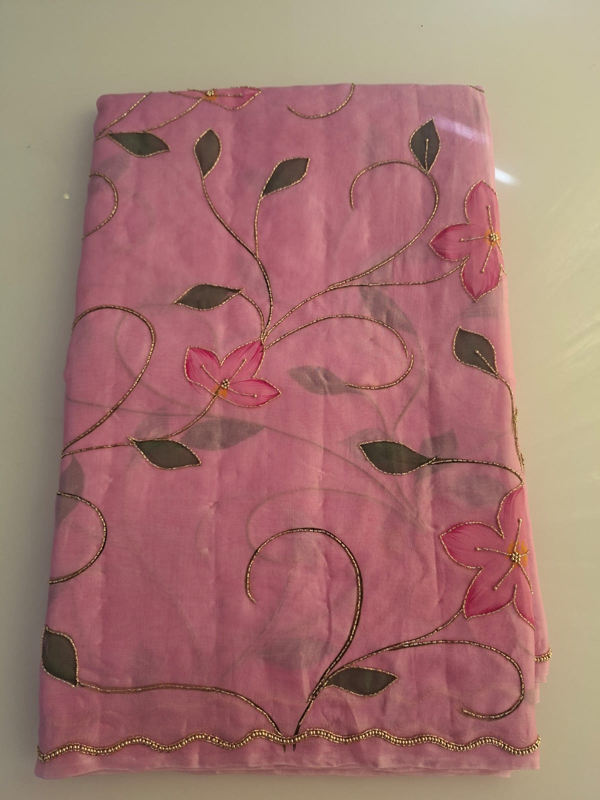pink pure kora hand work saree