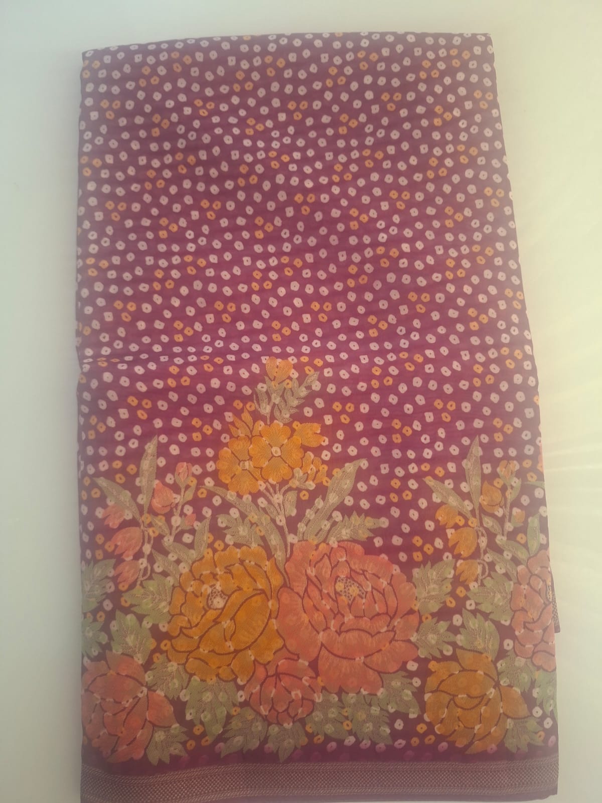 rani pink crape silk bandhani saree