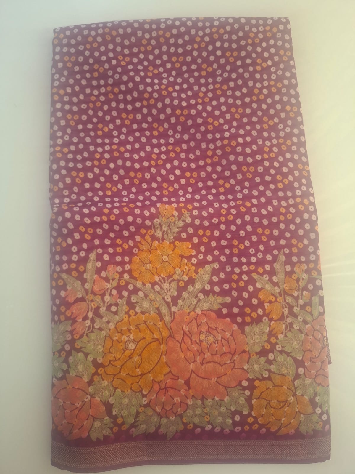 rani pink crape silk bandhani saree