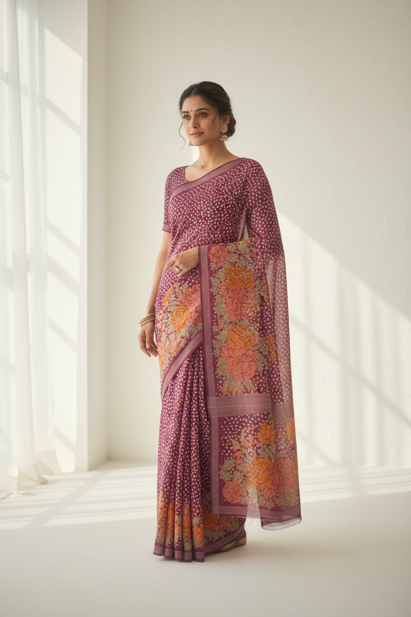 rani pink crape silk bandhani saree