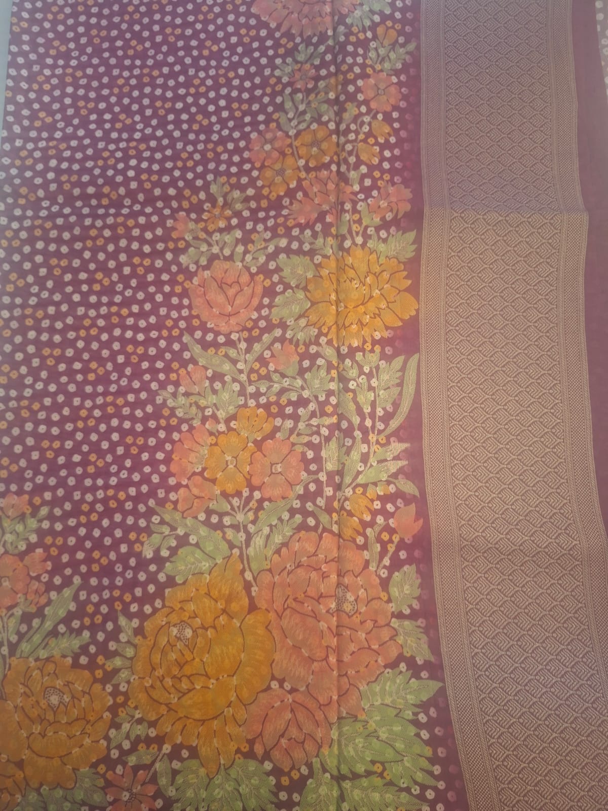 rani pink crape silk bandhani saree