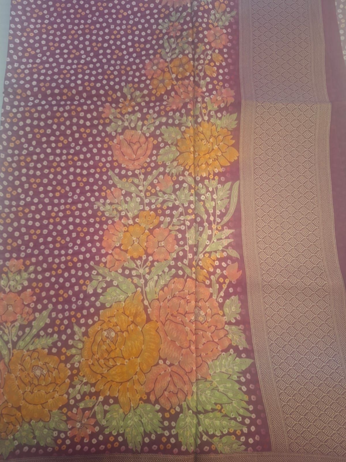 rani pink crape silk bandhani saree