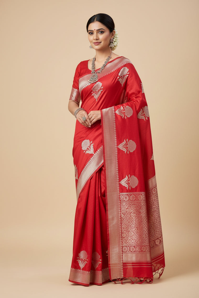 Red pure raw mango silk saree