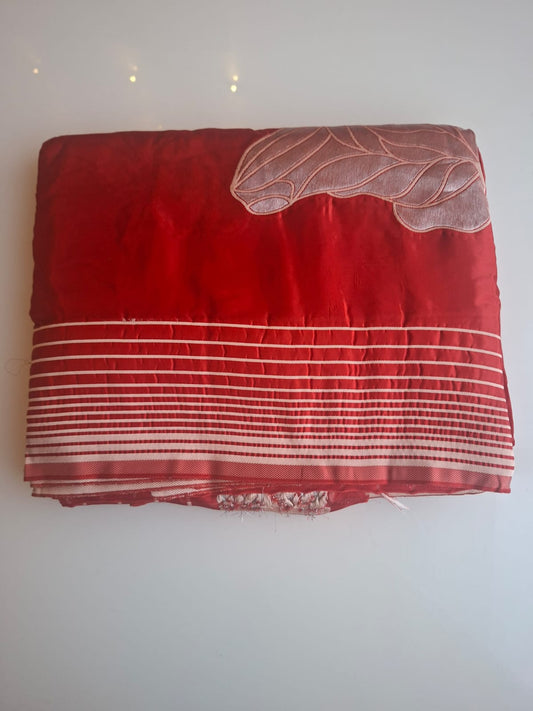 Red butter silk with big flower embroidery motif