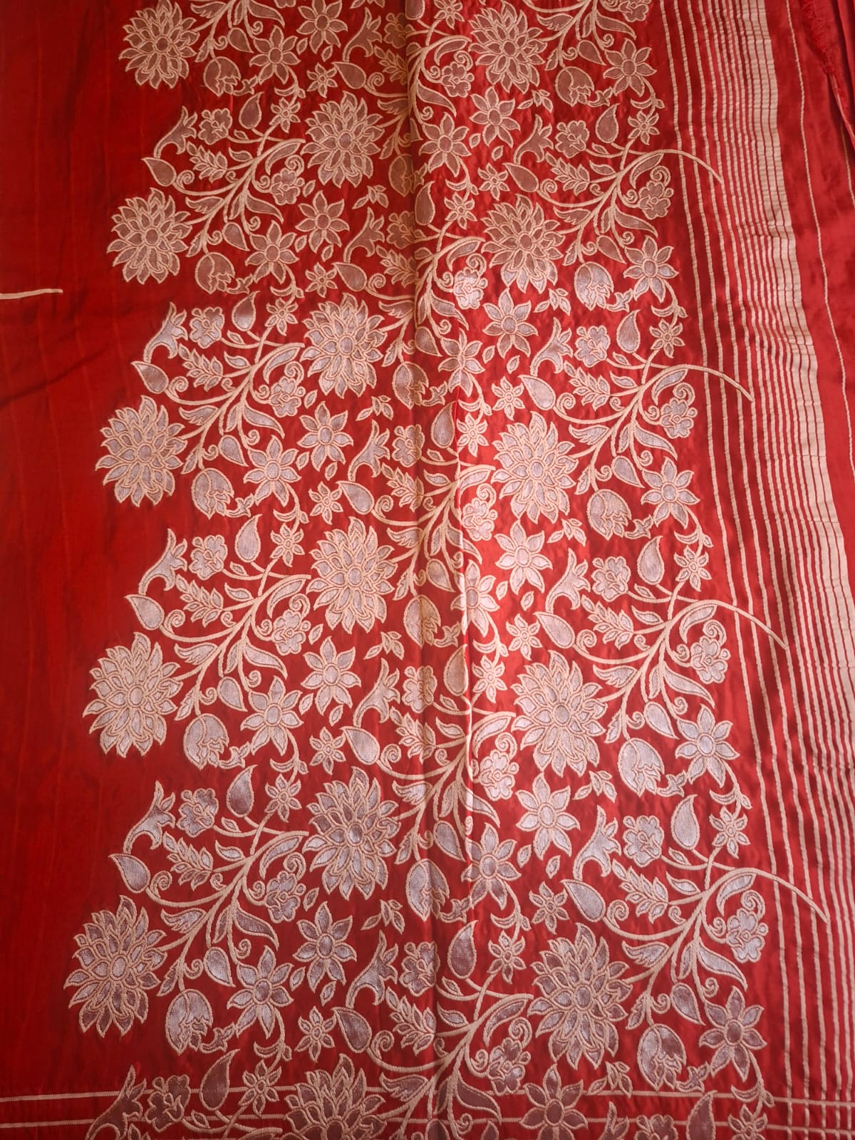 Red butter silk with big flower embroidery motif