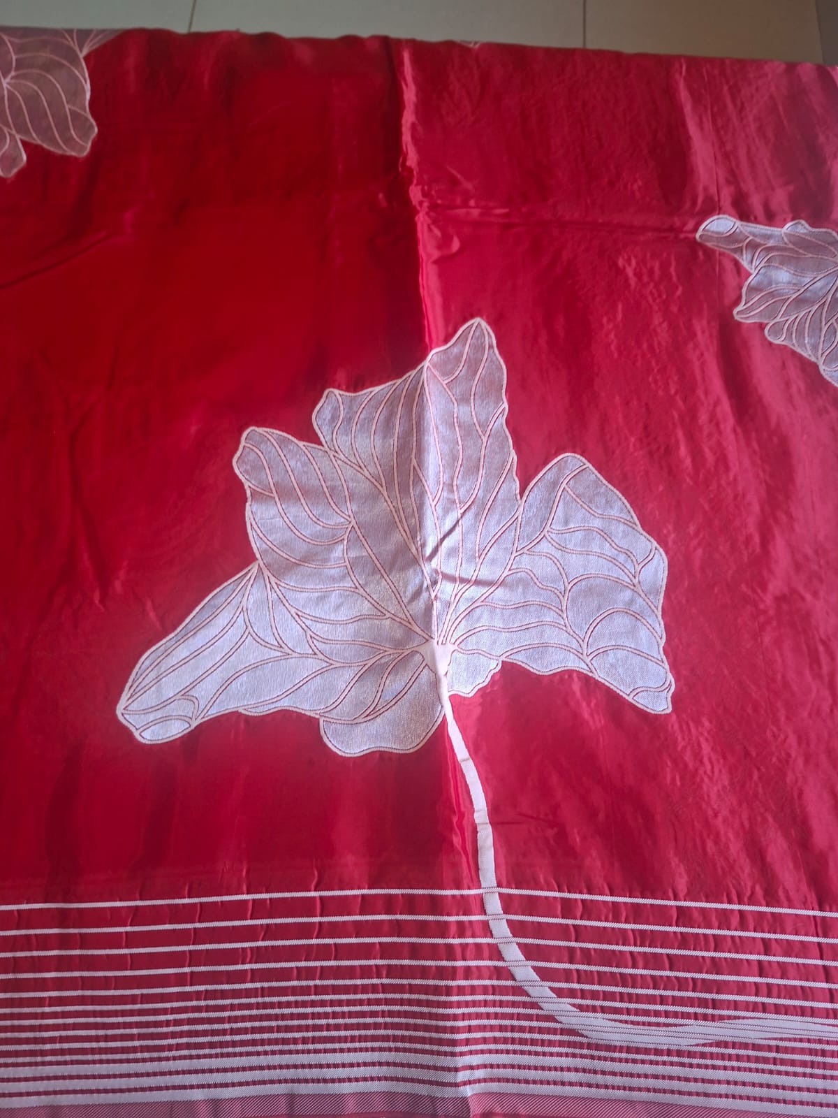 Red butter silk with big flower embroidery motif