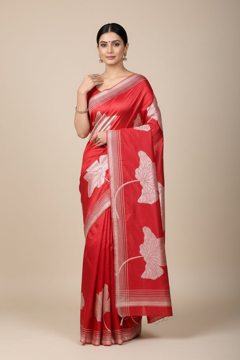 Red fabric with white floral embroidery on a tiled wall background