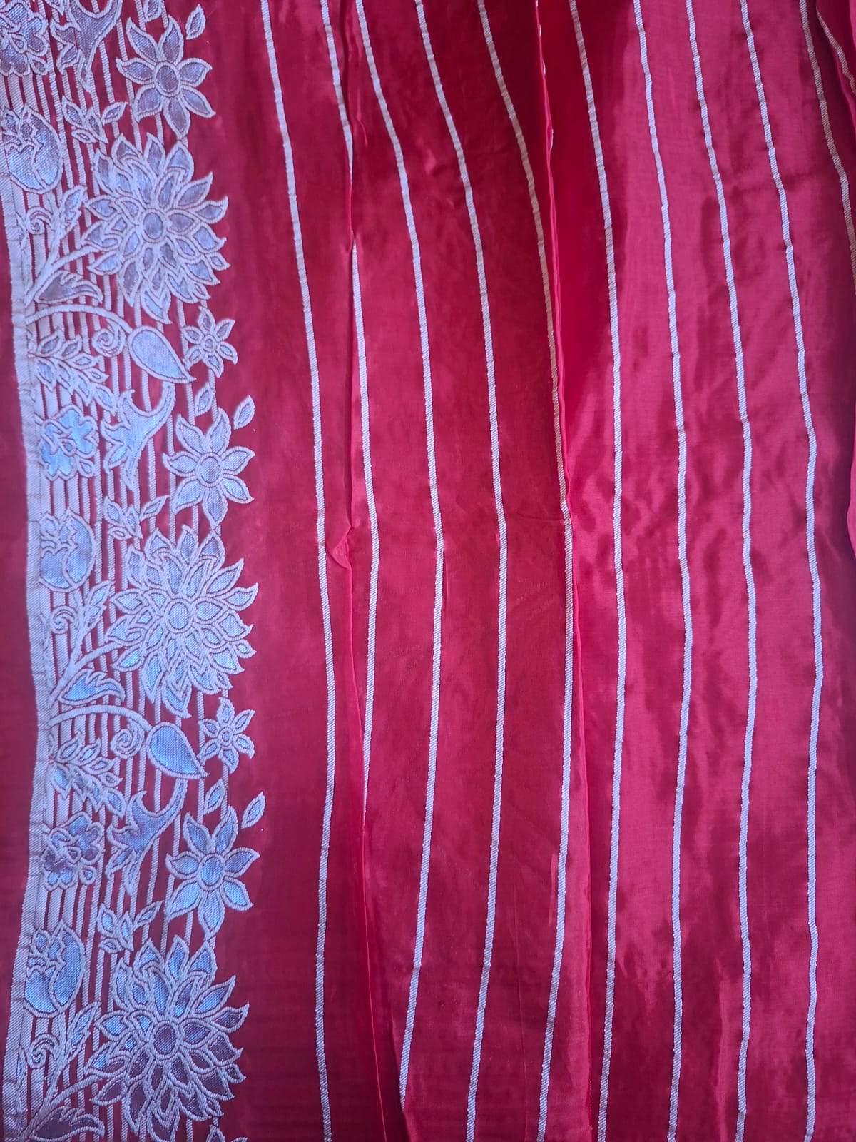 Red butter silk with big flower embroidery motif