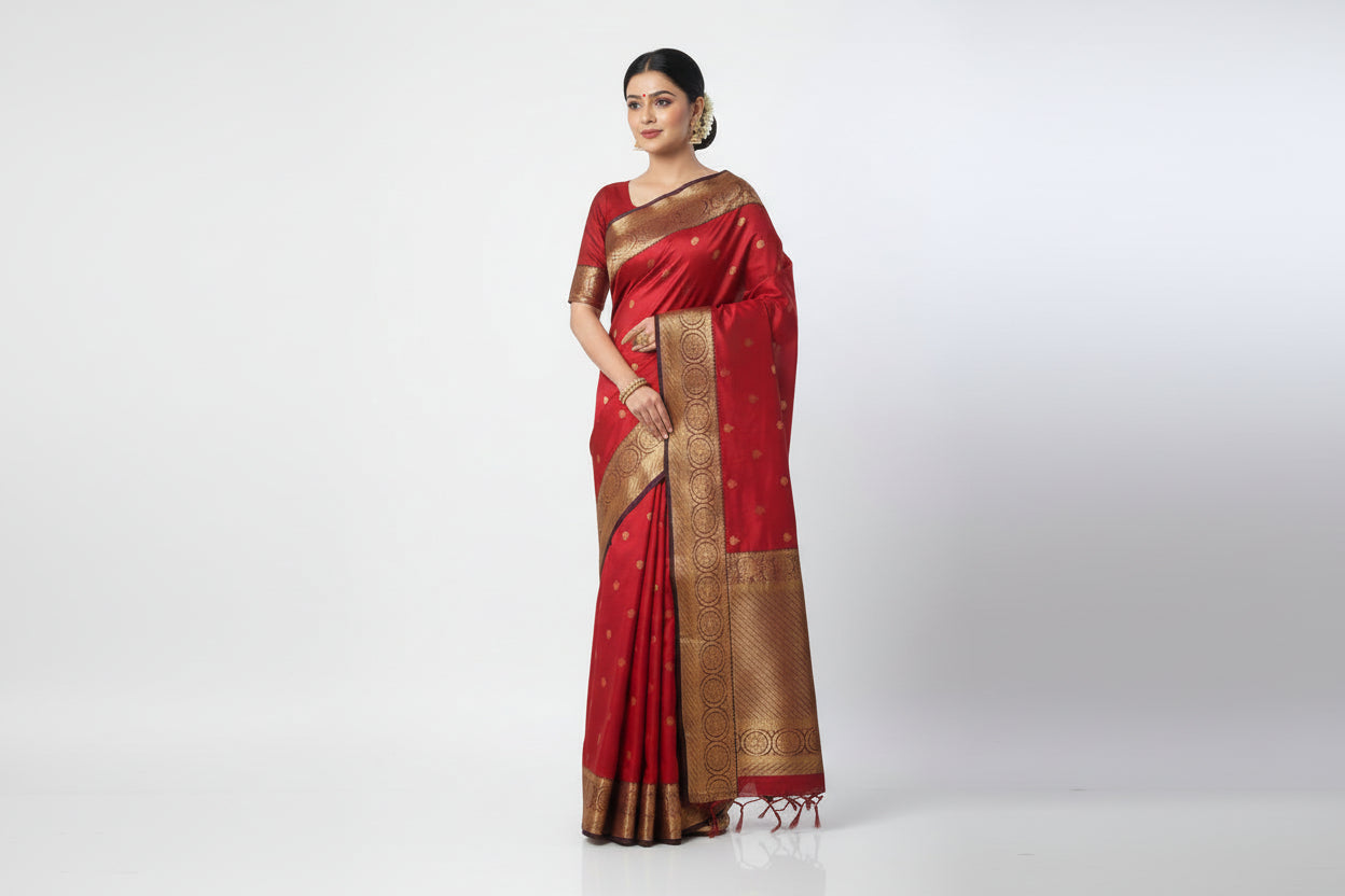 Red saree with gold patterns on a white background