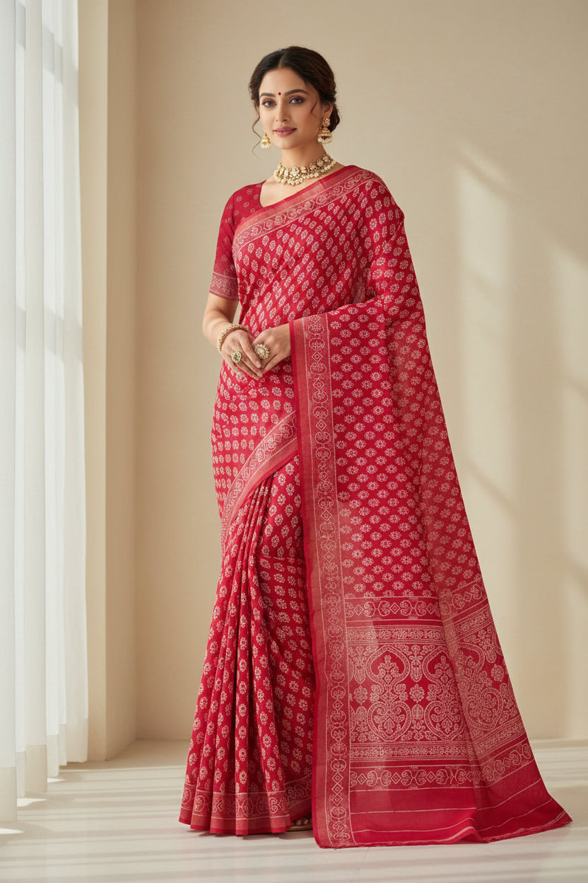 Red fabric with white floral pattern on a light gray background