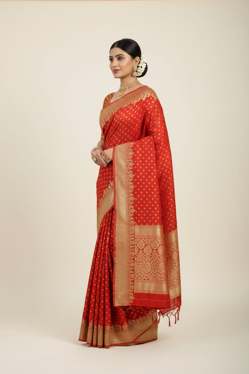 Red fabric with gold patterns and embroidery
