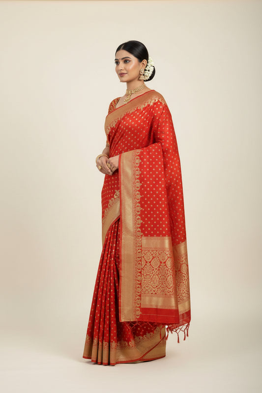 Red fabric with gold patterns and embroidery