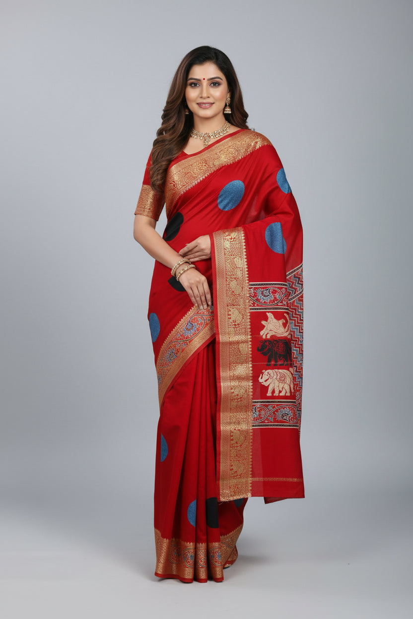red modal silk circle print saree