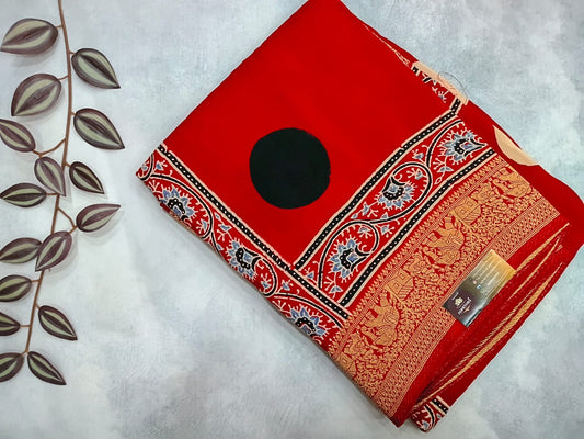 red modal silk circle print saree